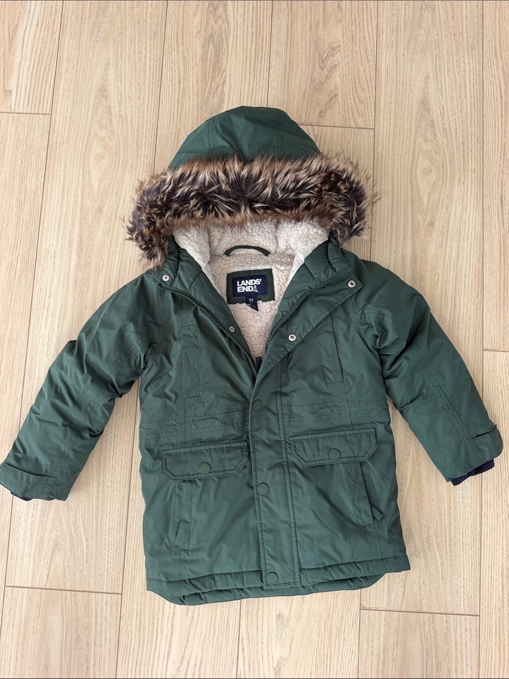 Lands' End Kids Hooded Puffer Parka in Forest Green with Faux-Fur Trim